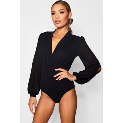 boohoo Dames Wrap Chiffon Sleeve Bodysuit | Zwart | Maat: 42