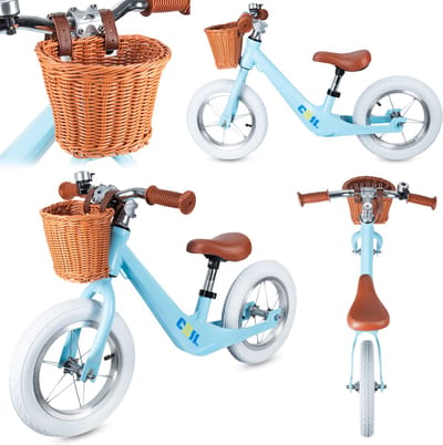 COIL Loopfiets met Rieten Mand – Kinder Loopfiets met Verstelbaar Zadel & Lekvrije Banden – 12 inch wielen - Stijlvol, licht en veilig - Vanaf 2 Jaar - Lichtblauw