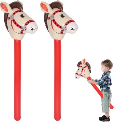 2x Opblaasbaar Houten Paard voor Kinderen - Rood - 95 cm Speelgoed en Feestdecoratie