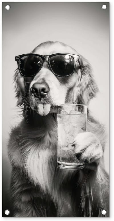 Tuinposter 40x80 cm - Tuindecoratie Golden retriever - Hond - Zonnebril - Gkas - Poster voor in de tuin - Buiten decoratie - Schutting tuinschilderij - Tuindoek muurdecoratie - Wanddecoratie balkondoek