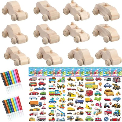 12 Stuks Houten DIY Auto's - Onbehandelde Houten Auto's voor Creatieve Knutselprojecten met Stickers en Kleurpotloden