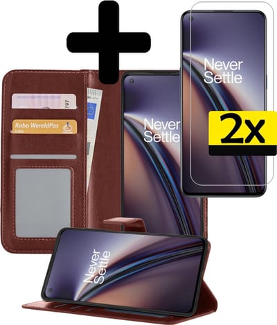 Hoesje - Met 2x Screenprotector - Geschikt voor OnePlus Nord CE - Luxe Pasjeshouder - Bookcase Portemonee - Flip Case - Kunstleer Book Case - Flipcase Hoes - Book Cover - Walletcase - Portemonneehoes - Telefoonhoesjes - Bruin