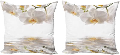 ABAKUHAUS – Bloemen-kussenhoezen-set 2x50x50 cm – wit-oranje – dubbelzijdig