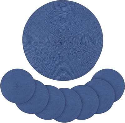 Set van 8 Ronde Geweven Placemat, 37.5cm Blauwe Tafelmatten, Warmtebestendige Katoenen Tafeldecoratie voor Keuken en Eetkamer