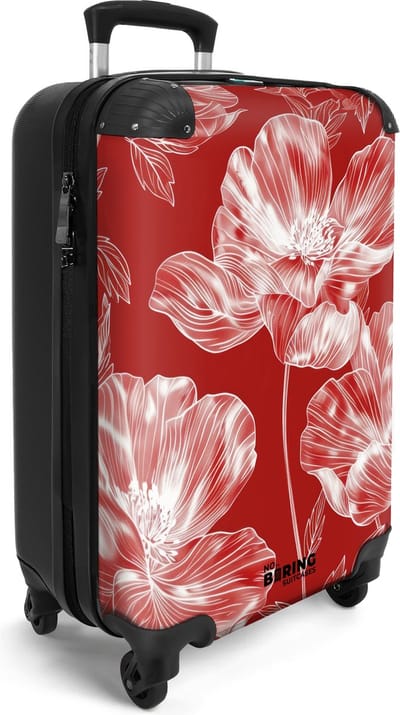 NoBoringSuitcases.com® - Handbagage koffer lichtgewicht - Reiskoffer trolley vrouwen - Rood witte bloemen - Vakantie rolkoffer met wieltjes - Valies carryon koffertje - Past binnen 55x40x20 en 55x35x25