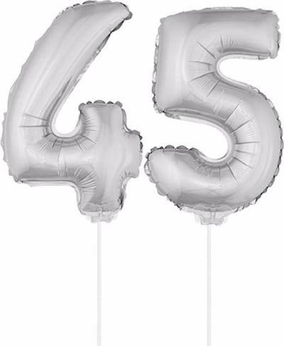 45 jaar leeftijd feestartikelen - versiering cijfers - ballonnen op stokje - van 41 cm - Combi van cijfer 45 - in het zilver