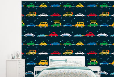 Behang - Fotobehang Patronen - Auto - Ruimte - Kind - Jongens - Kinderen - Kids - Breedte 300 cm x hoogte 240 cm