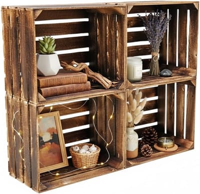 Set van 4 Gevlamde Donkere Houten Kisten voor Opslag en Decoratie 50x40x30 cm