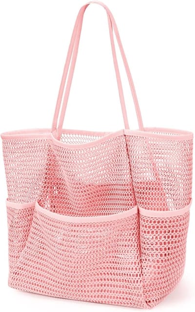 Strandtas met minivakje, grote opvouwbare mesh strandtas voor dames, reistas voor bij het zwembad - zandbestendig - roze
