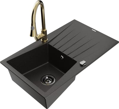 Mexen Cesar granieten spoelbak met 1 bak, afdruiprek en Elia keukenkraan, zwart/goud metallic - 6514-75-670101-50-B