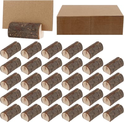 30 Rustieke Houten Kaarthouders met 45 Kaartjes voor Tafelnummers en Naamkaartjes