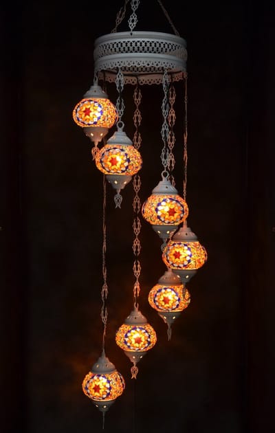 Hanglamp multicolour glas oranje mozaïek Oosterse lamp kroonluchter Crèmewit 7 bollen