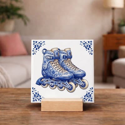 Delftsblauw Tegeltje 11x11 Inline Skates – Sportieve Wanddecoratie Cadeau