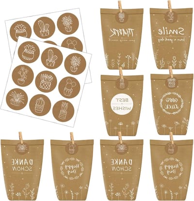 Set van 12 Kraft Papieren Favor Bags met Houten Klemmen en Stickers voor School, Verjaardag en Doopfeest