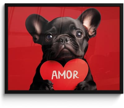 Poster in lijst - Fotolijst 70x50 cm - Posters - Amor - Hond - Hartje - Rood - Posterlijst zwart - Decoratie - Wanddecoratie woonkamer - Muurdecoratie slaapkamer