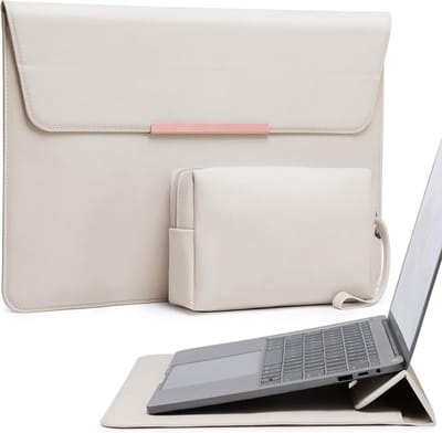 Laptop Sleeve voor 15-16 Inch Laptops met Stand, Geschikt voor MacBook Pro en Samsung Galaxy Book, Beige met Smiley Design