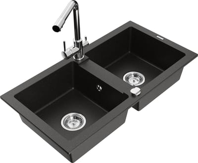 Mexen Mario granieten gootsteen 2-kamer met Duero keukenkraan, zwart/gouden metallic - 6504-75-671600-00