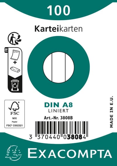 Exacompta Pak 100 steekkaarten in folie - bristol gelijnd niet geperforeerd 55x74mm - Wit - 3808B