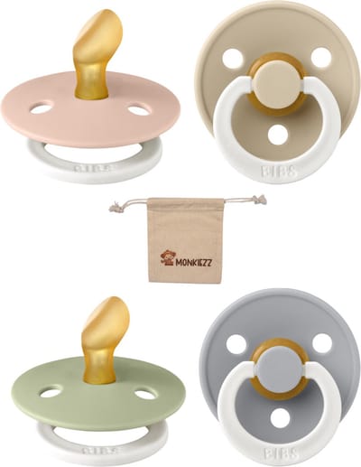 Bibs Dental fopspenen Anatomical 0-6 maanden- Set 4 stuks- Glow in the dark Blush, Vanilla, Sage, Cloud - + Monkiezz speenzakje - orthodontisch- Anatomisch- Maat 1