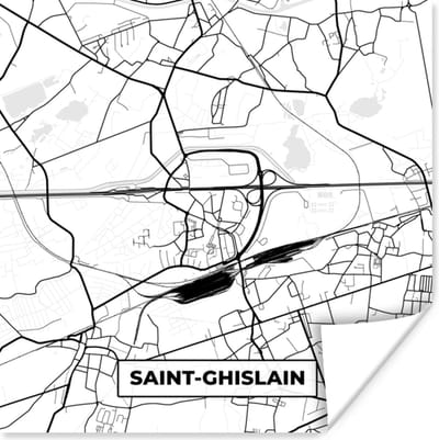 Poster Stadskaart – Plattegrond – België – Zwart Wit – Saint Ghislain – Kaart - 100x100 cm XXL