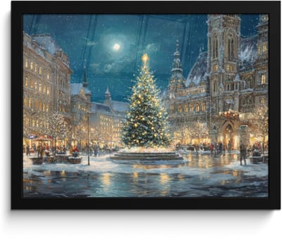 Poster in lijst - Fotolijst 40x30 cm - Posters - Kerstnacht - Stadsplein - Meerkleurig - Posterlijst zwart - Decoratie - Wanddecoratie woonkamer - Muurdecoratie slaapkamer - Kerstversiering - Kerstdecoratie voor binnen - Kerstmis