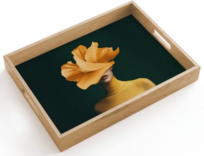 Dienblad hout 40x30 cm - Schootdienblad - Vrouw - Hoed - Geel - Borrelplank rechthoek - Plateau dienbladen