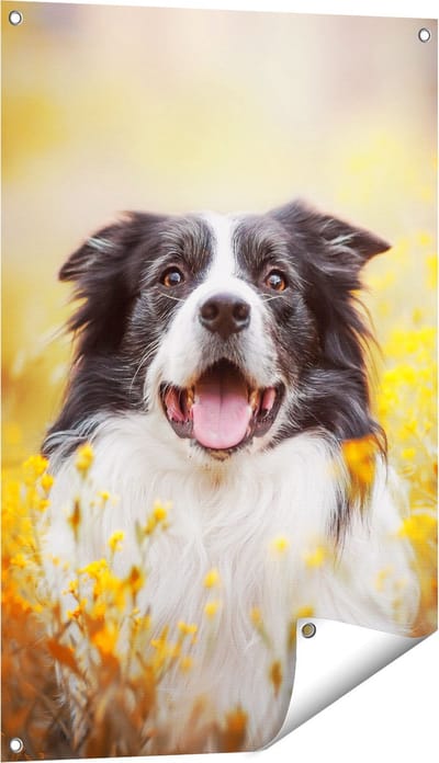 Gards Tuinposter Blije Hond tussen de Bloemen - 60x90 cm - Tuindoek - Tuindecoratie - Wanddecoratie buiten - Tuinschilderij