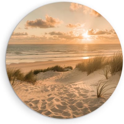 Saammp - Muurcirkel Hout - Golden Hour op het Strand - Duinen - Ø 90 - Wandcirkel - Wanddecoratie Cirkel - muurdecoratie Woonkamer - Slaapkamer decoratie - Rond Schilderij