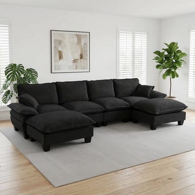 MODFU U-Vormige Hoekbank - Gebogen Armleuningen - Verplaatsbare Ottomane - Modern - Chenille - Zwart - 323 X 151 X 90 Cm