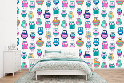 Behang - Fotobehang Regenboog - Uil - Cartoon - Breedte 320 cm x hoogte 240 cm