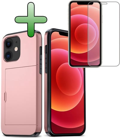 Hoes Geschikt voor iPhone 11 Hoesje Hard Case Met Pas Houder Met Screenprotector - Hoesje Geschikt voor iPhone 11 Hoes Shockproof Hard Cover Met Kaarthouder - Rosé goud