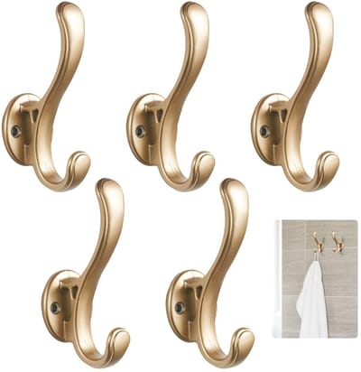 5 stuks gouden kapstokhaken, vintage wandhaken, goud, aluminium dubbele wandhaken, robuuste kapstokhaken met schroeven voor ingang, garage, slaapkamer, terras, badkamer