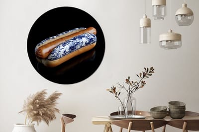 WallCircle - Wandcirkel - Muurcirkel - Hotdog - Porselein - Delfts blauw - Eten - Aluminium - Dibond - 140x140 cm - Binnen en Buiten
