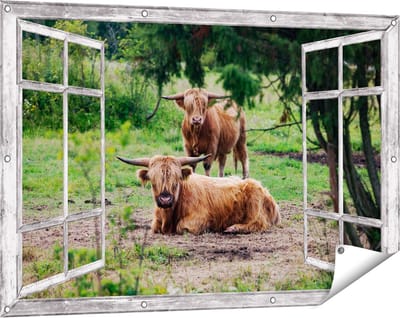 Gards Tuinposter Doorkijk Twee Schotse Hooglanders in de Bossen - 120x80 cm - Tuindoek - Tuindecoratie - Wanddecoratie buiten - Tuinschilderij