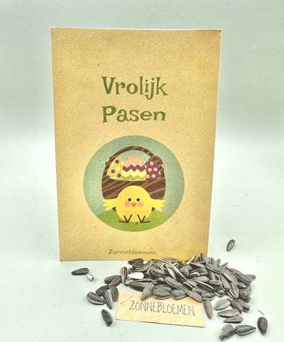 10 zakjes, Vrolijk pasen, zonnebloemen, uitdeelkadootjes, brievenbuskadootjes, pasen,klein kadootje, zaden,