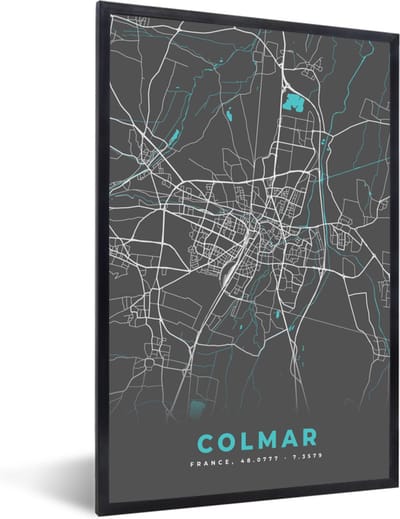 Fotolijst incl. Poster - Frankrijk – Plattegrond – Kaart – Colmar – Stadskaart - 40x60 cm - Posterlijst