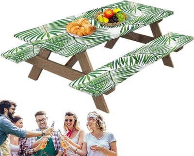 Picknicktafelhoezen met Banken - Tafelkleden Picknickbank - Buitenmeubels Beschermen - Windbestendige Bevestiging - 183x76cm Tafel 183x30cm Bank - Groen Bladmotief