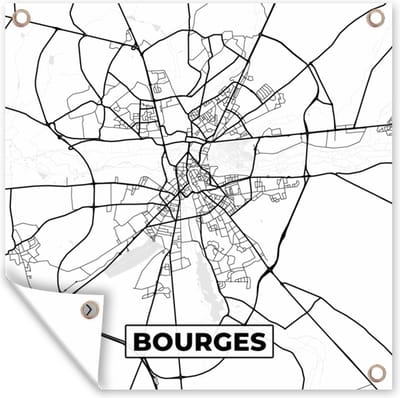 Tuin poster Bourges - Frankrijk - Stadskaart - Plattegrond - Kaart - Zwart wit - 200x200 cm - Tuindoek