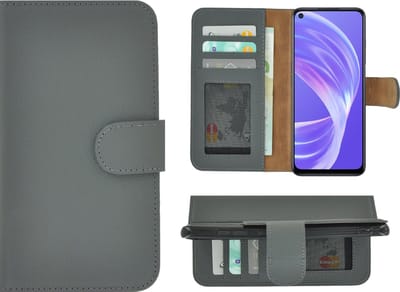 Hoesje Geschikt voor Oppo A73 5G - Bookcase - Oppo A73 5G Wallet Book Case Echt Leer Grijs Cover