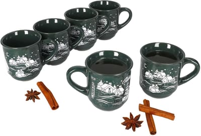 Set van 6 glühwein mokken in donkergroen met kerstlandschap 0,2 liter, gekalibreerd