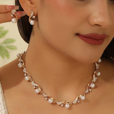 1 Set Dames Elegante Imitatie Parel S-Vorm Ketting Oorbellen Set Bruids Sleutelbeen Ketting Sieraden Voor Bruiloften Dames Sieraden Cadeaus brown