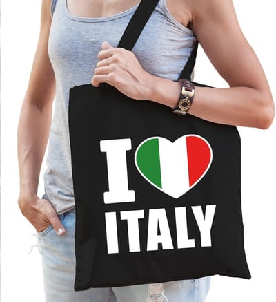 Katoenen Italie tasje I love Italy zwart - 10 liter - Italiaanse landen cadeautas