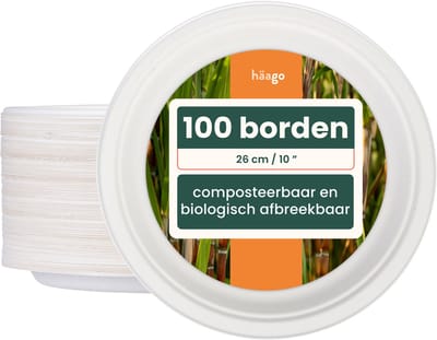 Haago – 100 Suikerriet Borden, 26cm (10") – Stevig & Sterk – Biologisch Afbreekbaar – Wegwerp