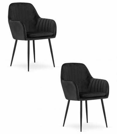 Set van 2 LUGO Eetkamerstoelen – Zwart Fluweel – Met Armleuningen – Metalen Poten