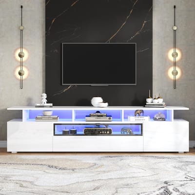 Pugsdrly TV-meubel 180*38*45 cm, glanzende tv-steun, tv-meubel met 2 kasten en 1 lade, laag meubel met LED en 10 planken, staand woonkamermeubel, geschikt voor tv's van ongeveer 75 inch