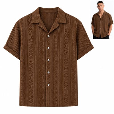 Cuban Collar - Heren Overhemd Korte Mouw – Bruin Structuurshirt met Geometrisch Patroon – Casual Zomerhemd – Relaxed Fit