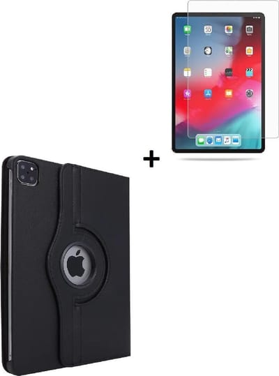 Geschikt voor iPad Pro Hoesje (2020) - iPad Pro Screenprotector (2020) - 11 inch - Kunstleder Tablet Hoesje 360° Draaibare Book Case Bescherm Cover Hoes Zwart + Screenprotector Tempered Glass