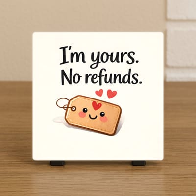 Wenstegeltje “I’m Yours. No Refunds.” – Liefde Cadeau – Woondecoratie – Handmade – Spreuktegel – Trendy nu – Valentijn – Liefde – Decoratie – Zomaar – Decoratief Tegeltje met Standaard – Cadeau Idee