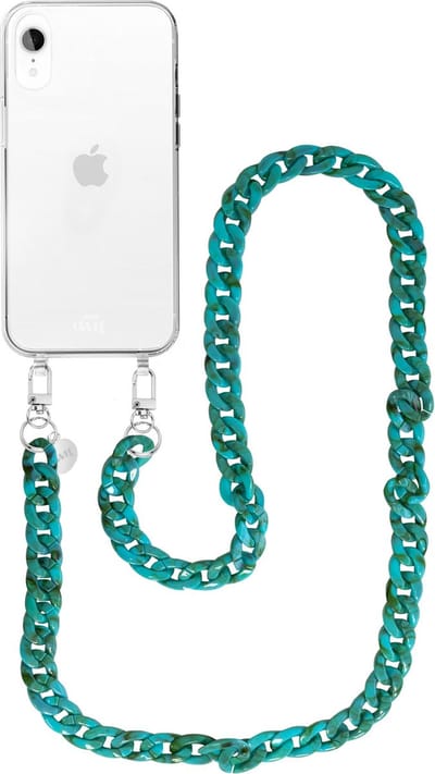 xoxo Wildhearts siliconen hoesje - Geschikt voor iPhone XR - Blue Ocean - Telefoonhoesje - Hoesje met koord - Blauw koord - lang telefoonkoord - Transparant hoesje (lange variant)