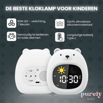 Purely Baby Slaaptrainer Beer - Kinderwekker met Wake Up Light - Slaapwekker met Nachtlamp en Timer Functie - 6 Slaapgeluiden en 3 Lichtindicaties - RGB Kleurmodi met 7 Kleuren - Slaap Trainer voor Kinderen - Kinder Wekker